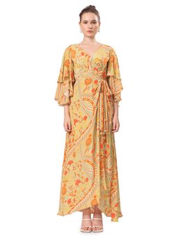 MANDIRA WIRK - Ochre Yellow Geometric Floral Printed Long Dress