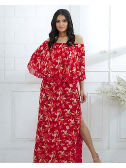 MANDIRA WIRK - Red Printed Cape Dress with Side Slit