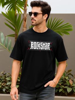 Bewakoof - Mens Jet Black Rockstar Typography Oversized T-Shirt