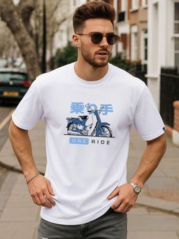 Bewakoof - Mens White One Ride Graphic Printed Oversized T-Shirt
