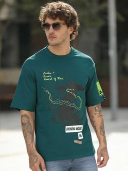 Bewakoof - Mens Dark Sea Green Ronin Mode On Graphic Printed Oversized T-Shirt