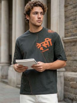 Bewakoof - Mens Shadow Grey Desi Culture Graphic Printed Oversized T-Shirt