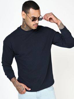 Bewakoof - Mens Navy Blue Textured Oversized T-Shirt