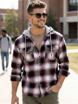 Bewakoof - Mens Maroon And White Checked Oversized Hooded Casual Shirt