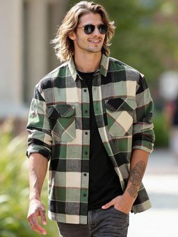 Bewakoof - Mens Green And Beige Checked Oversized Shirt