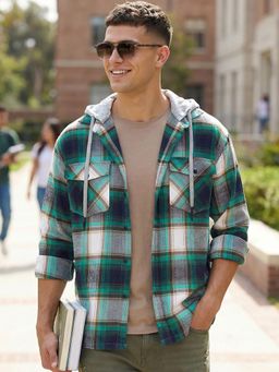 Bewakoof - Mens Green And White Checked Oversized Hooded Shirt