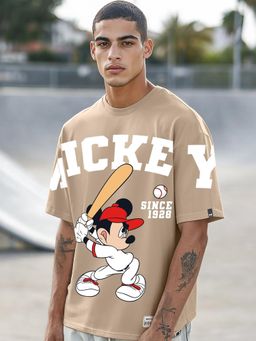 Bewakoof - Disney Mens Brown Mickey Graphic Printed Oversized T-Shirt