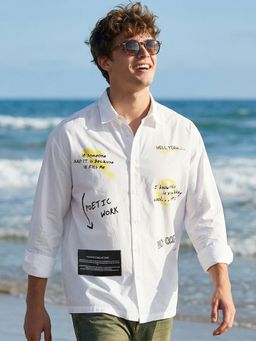 Bewakoof - Mens Bright White Typography Oversized Shirt