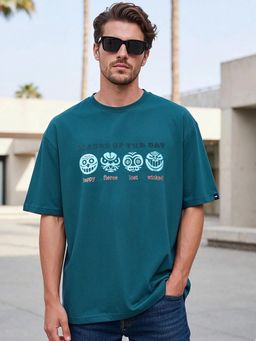 Bewakoof - Mens Green Masks Graphic Printed Oversized T-Shirt