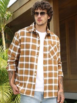 Bewakoof - Mens Brown And White Checked Oversized Casual Shirt