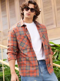 Bewakoof - Mens Rust Orange Checked Oversized Casual Shirt