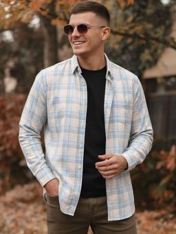 Bewakoof - Mens Blue Checked Cotton Linen Casual Shirt