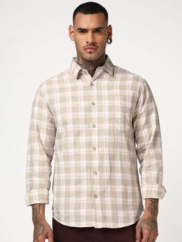 Bewakoof - Mens Beige Checked Cotton Linen Casual Shirt