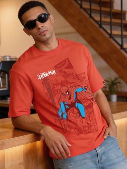 Bewakoof - Marvel Mens Red Spiderman Graphic Printed Oversized T-Shirt