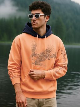Bewakoof - Mens Peach Cobbler and Navy Blue Graphic Printed Oversized Hoodies