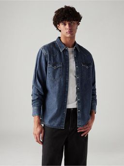 Levi's - Mens Solid Blue Spread Collar Casual Denim Shirt