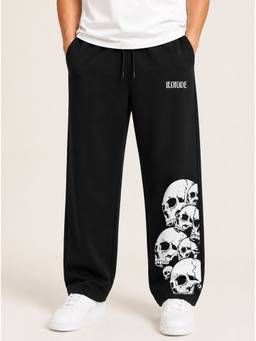 LEOTUDE - Black Men's Premium Cotton Graphic Printed Baggy Track Pant