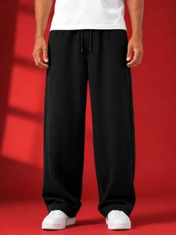 LEOTUDE - Black Men's Premium Cotton Solid Baggy Track Pant