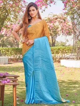Tikhi Imli - Mustard and Blue Pleated Satin Saree with Unstitched Blouse