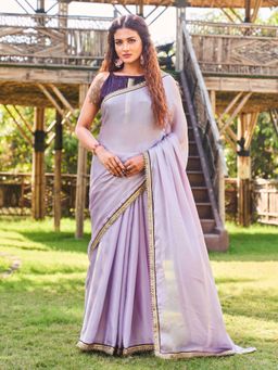 Tikhi Imli - Lavender Colored Polyester and Embellished Lace Saree with Unstitched Blouse