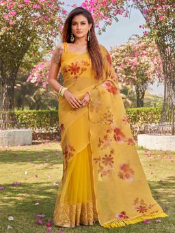 Tikhi Imli - Yellow Georgette Pleated Floral Printed Saree with Unstitched Blouse