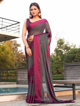 Tikhi Imli - Magenta & Green Striped Polyester Saree with Unstitched Blouse