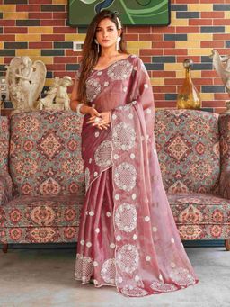 Tikhi Imli - Metallic Pink Colored Organza and Thread Embroidery Saree with Unstitched Blouse