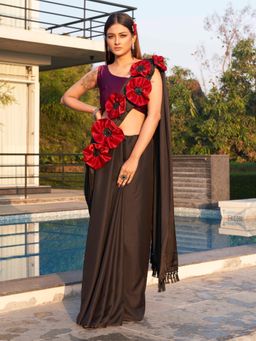 Tikhi Imli - Black Colored Satin and Applique Flowers On Shoulder Saree with Unstitched Blouse