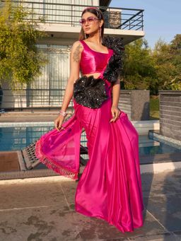 Tikhi Imli - Pink Colored Satin and Applique Flowers On Shoulder Saree with Unstitched Blouse