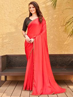 Tikhi Imli - Red Crepe Jacquard and Embellished Lace Saree with Unstitched Blouse