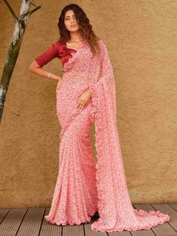Tikhi Imli - Pink Floral Printed Georgette Ruffle Saree with Unstitched Blouse