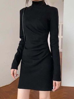 Outzidr - Black High Neck Mini Dress (S)