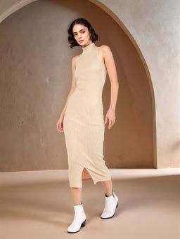 Outzidr - Beige Sleeveless High Neck Front Slit Midi Dress