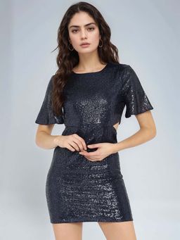 Outzidr - Navy Blue Short Sleeves Sequin Embellished Mini Dress