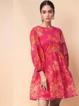 Outzidr - Fuchsia Abstract Printed Tiered Mini Dress