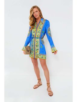 Outzidr - Blue Floral Printed Front Buttoned Shirt Dress