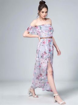 Outzidr - Grey Off Shoulder Front Slit Printed Dress