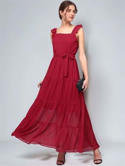Outzidr - Red Ruffled Shoulder Strap Tie-Up Waist Maxi Dress