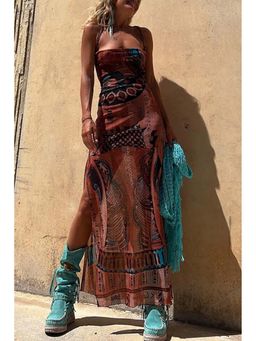 Outzidr - Multicolor Shoulder Straps Printed Side Slit Maxi Dress