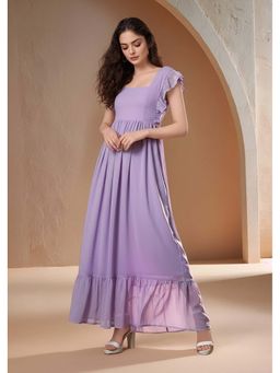 Outzidr - Lavender Ruffle Sleeve Back Tie-Up Dress