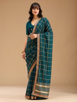 Koskii - Peacock Green Zari Work Soft Raw Silk Saree with Unstitched Blouse