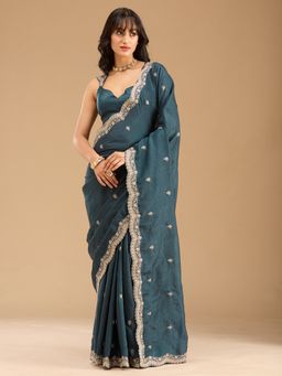 Koskii - Teal Zari Work Tissue Saree with Unstitched Blouse