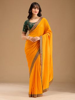 Koskii - Mustard Zari Work Soft Raw Silk Saree with Unstitched Blouse