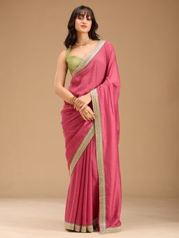 Koskii - Onion Pink Zari Work Soft Raw Silk Saree with Unstitched Blouse