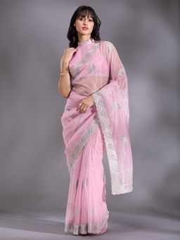 Koskii - Baby Pink Cutwork Organza Saree with Unstitched Blouse