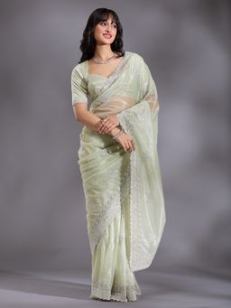 Koskii - Pista Green Cutwork Organza Saree with Unstitched Blouse