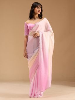 Koskii - Baby Pink Stone Work Satin Saree with Unstitched Blouse