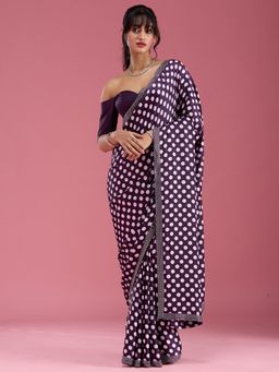 Koskii - Purple Stone Work Satin Saree with Unstitched Blouse