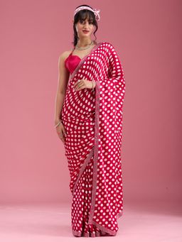 Koskii - Rani Pink Stone Work Satin Saree with Unstitched Blouse