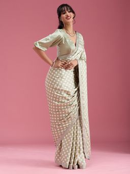 Koskii - Pista Green Stone Work Satin Saree with Unstitched Blouse